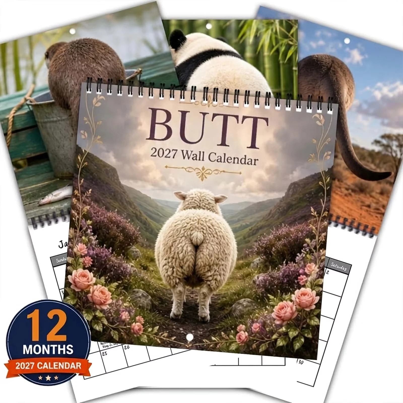 Butt 2027 Calendar 12-Month Hilarious Wildlife Animal Images Spiral Wall Hanging Calendar with Spiral Design Home Ornament