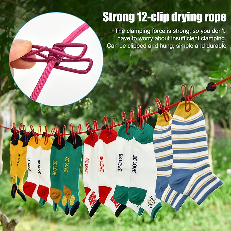 Clothes Drying Rack Rope Retractable Portable Clothesline Line With 12 Clips For Laundry Drying Hanging Line Camping