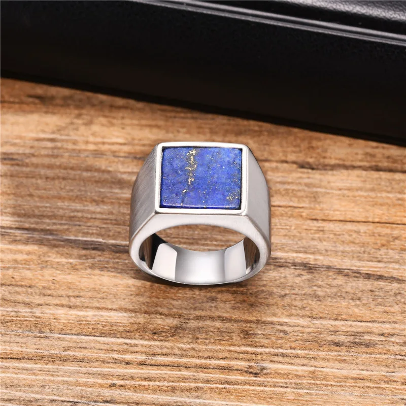 LETAPI Blue Nature Stone Ring for Men Boys,316l Stainless Steel Square Ring,Thumb Ring Male Jewelry Gifts