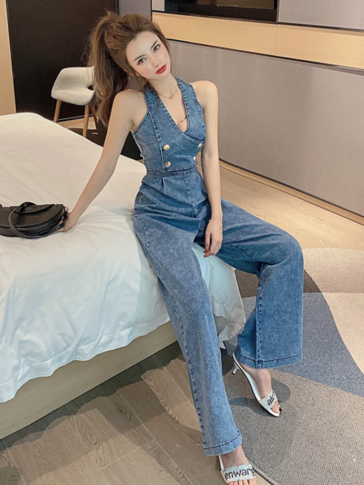 Mode Sommer Einem Stück Overalls Für Frauen Denim Casual Sexy Halter-Backless Party Weibliche Mujer Breite Bein Lose Strampler Straße