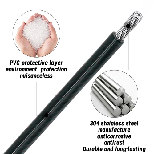 Imagen 2 del producto Cable de cuerda de alambre de acero inoxidable 304 recubierto de PVC negro, 1/1, 2/1, 5/2/3/4/5/6MM de diámetro después del recubrimiento, Cable Flexible de acero suave