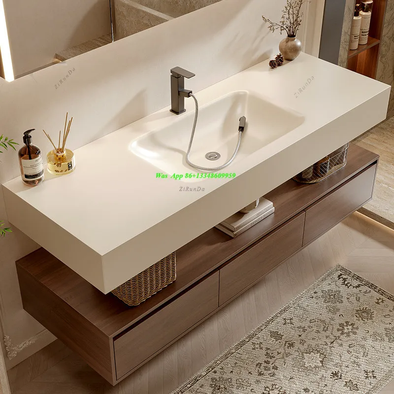 Rock Slab Hot Bending Integrated Basin Bathroom Cabinet Medium Antique Bathroom Wash Basin Cabinet Combination New Model