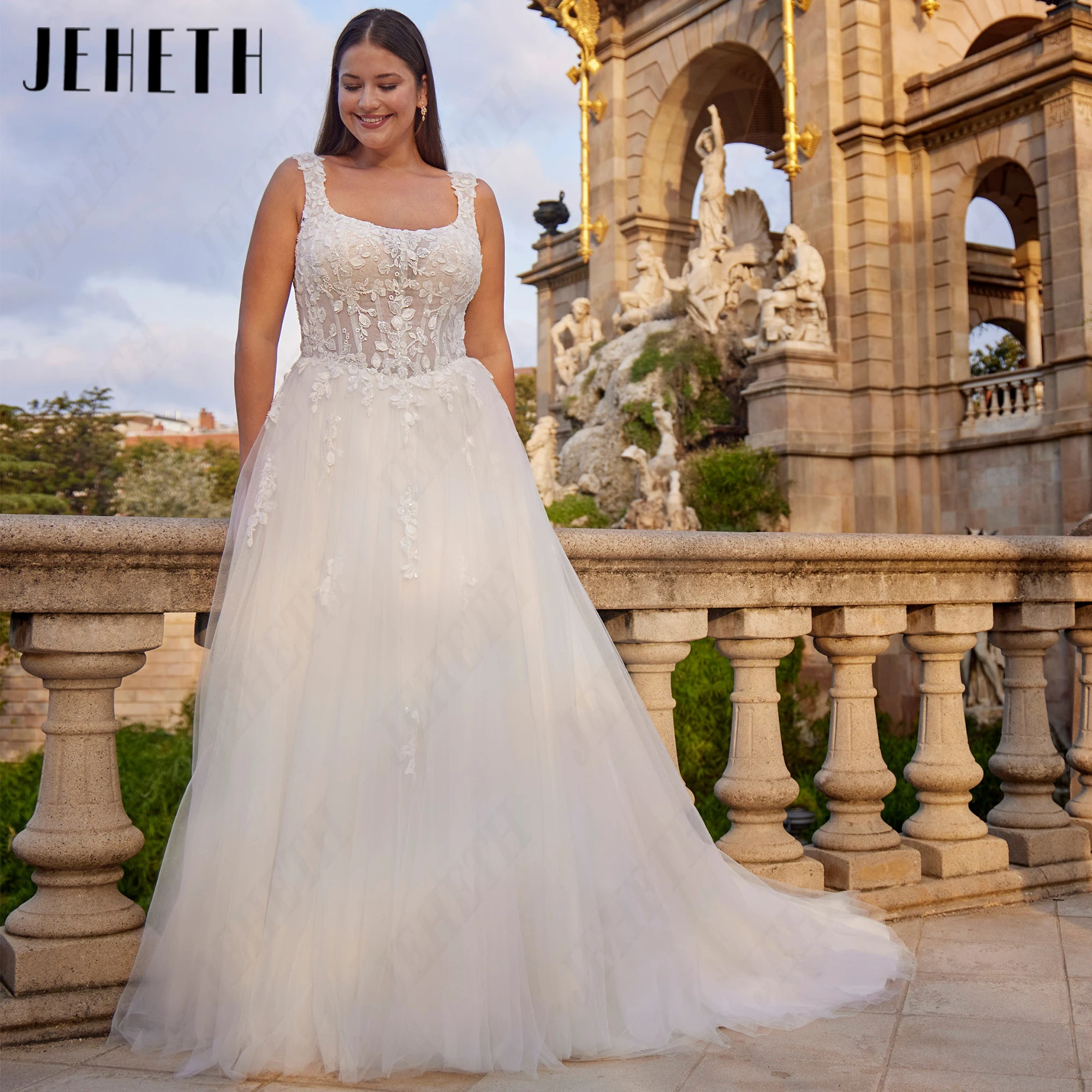 JEHETH Square Neckline Personalized Bridal Gown Plus Size Sweep Train Beach Wedding Dresses Elegant Sleeveless Backless Bride
