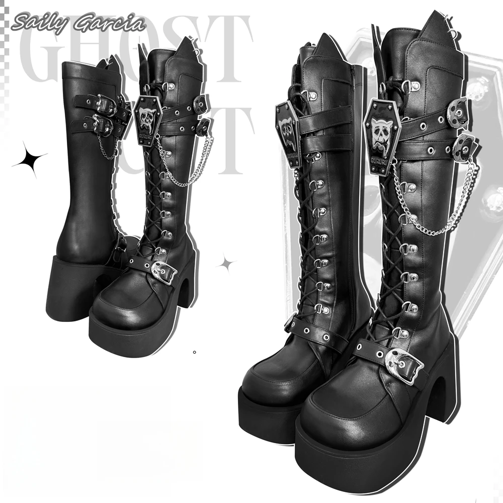 2024 Metal Chain Side Zipper Punk Tank Sole Motorcycle Boots Gothic Y2K Style Casual Boots Round Toe Platform Knee High Boots