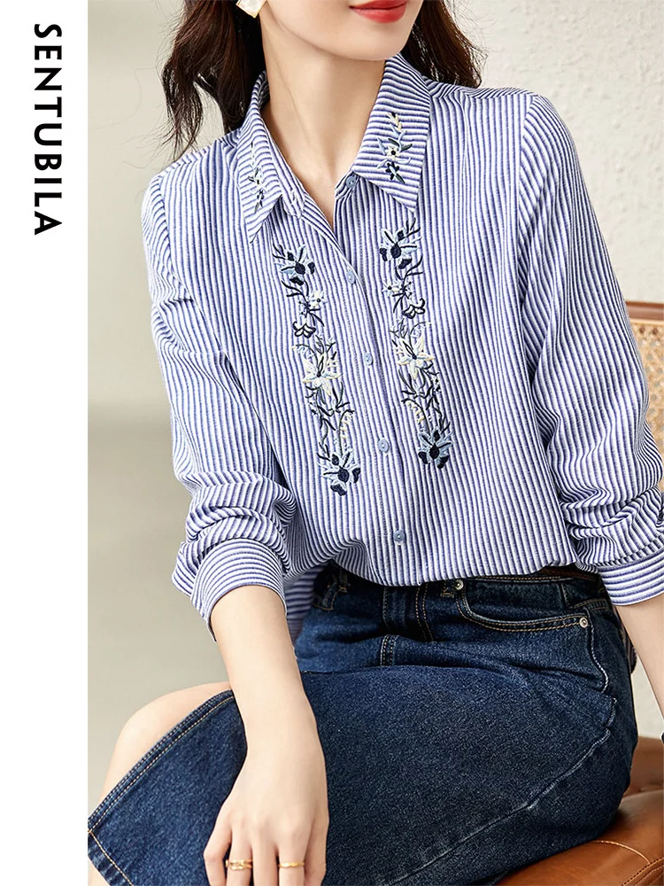 SENTUBILA Vertical Strip Embroidery Casual Shirts for Women 2024 Autumn Long Sleeve Top Lapel Button Down Shirt Blouse 123C42971