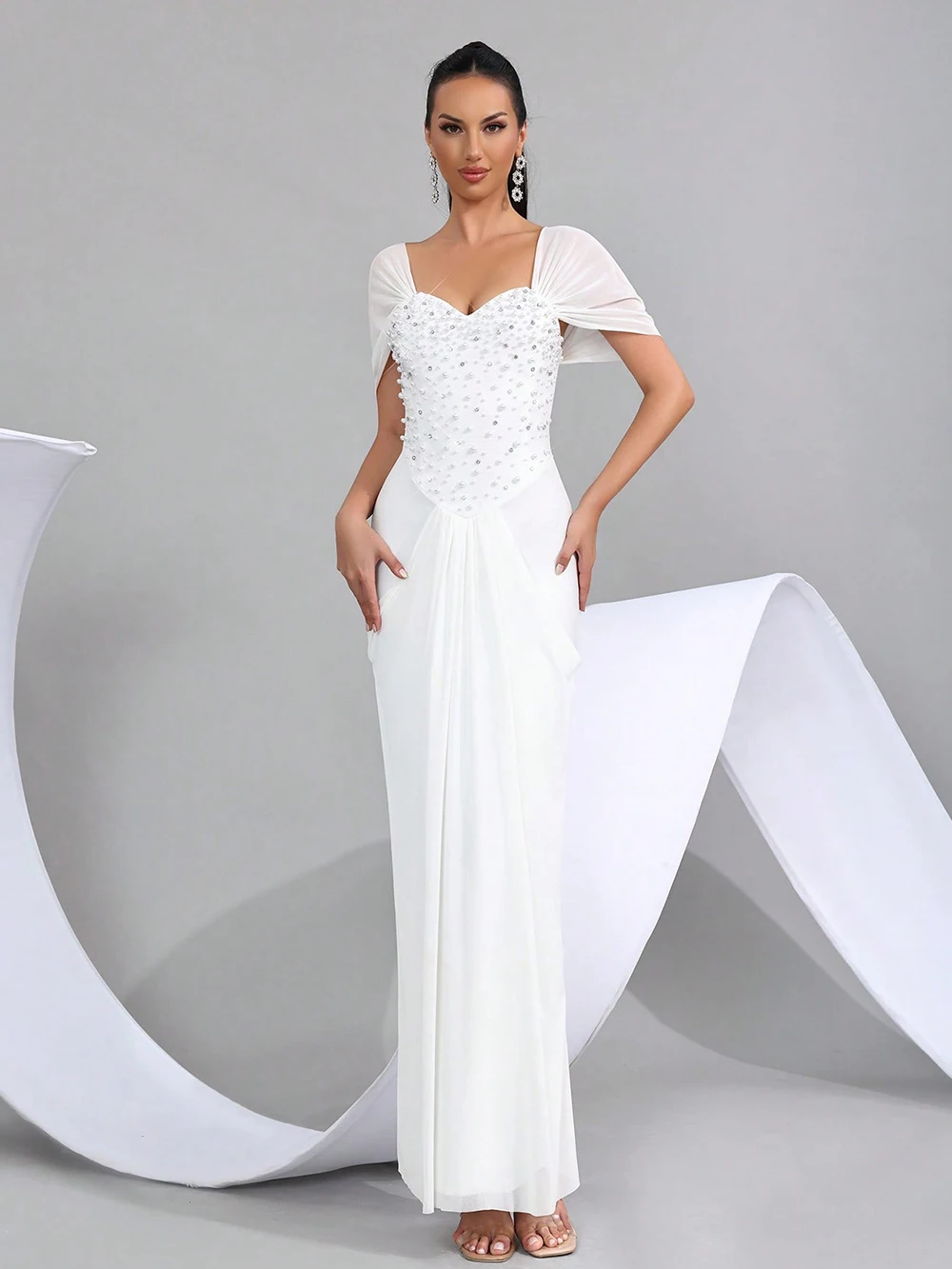 Modphy Women Sexy Solid Pleated Strapless Dress Lady Pearl Beading Backless High Waist Long Dresses 2026 New Evening Party Gown