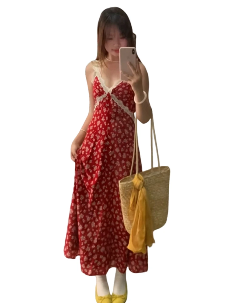 Abito Lungo Estivo da Donna con Stampa Floreale in Pizzo Rosso Retrò, Stile Giapponese Dolce con Vita Alta e Cintura