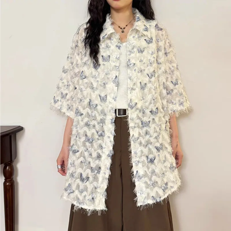 

2024 Vintage Butterfly Loose Y2k Aesthetic Shirt Women Streetwear Tassels Casual Blouse Harajuku Oversized Blusas Camisas Mujer