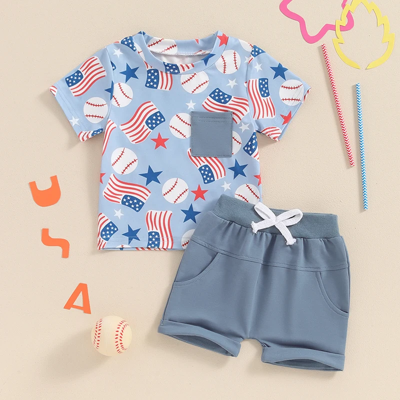 4th of July Toddler Boys Outfits Flag Baseball Print Short Sleeve T-Shirts Elastic Waist Shorts 2Pcs Clothes Set