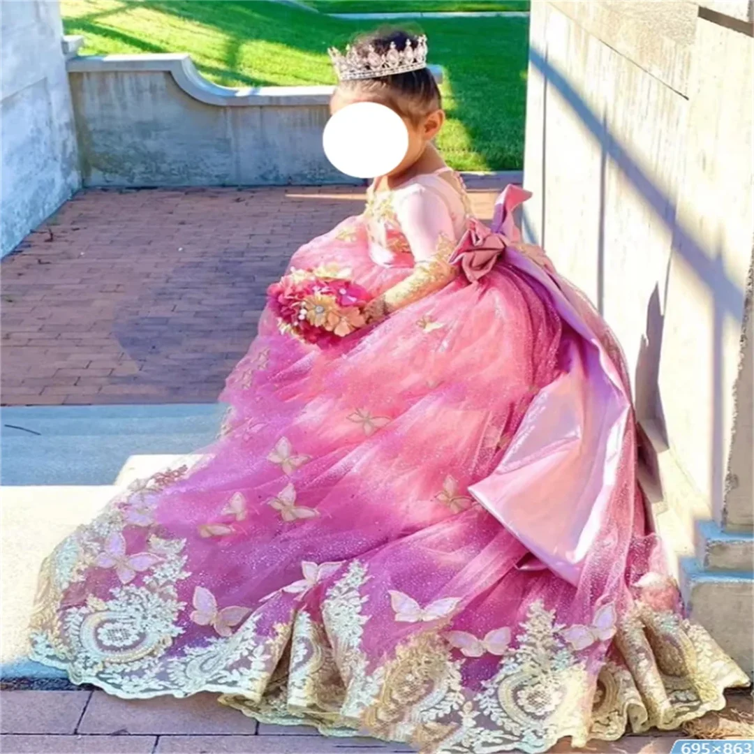 Vestido de manga larga con cuello redondo para niña, vestido de flores con lazo, apliques hinchados elegantes, decoración de tul, princesa pequeña, rosa y dorado