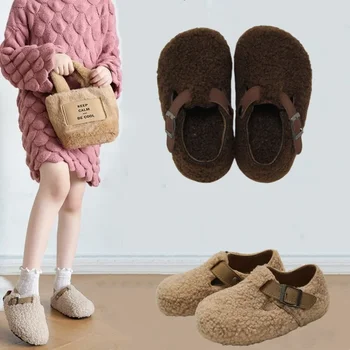 RUIZUSTOCK ヒールラップフリース弾性下駄子供用、冬暖かいソフトソールシューズ、滑り止め靴