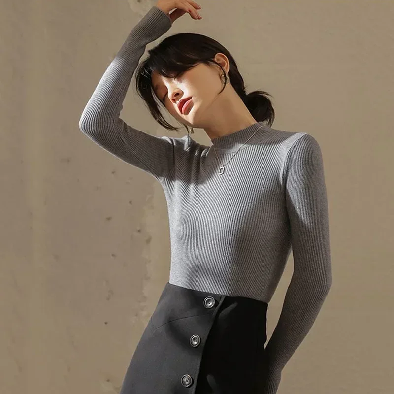 Female Versatile Solid Korean Mock Neck Women Sweater 2026 Autumn Winter Long Sleeve Knit Pullover Simple Elegant Basic Tops