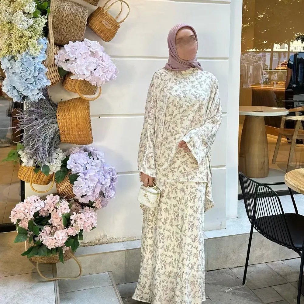 2 Piece Set Women Party Print Blouse Skirt Musulman Ensembles Ensemble Dubai Islam Ramadan 2025 Muslim Female Long Skirts Suit