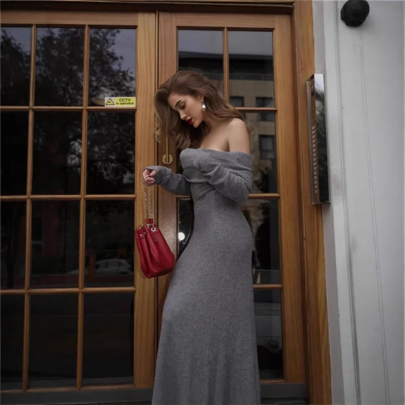 

Autumn Winter Off-Shoulder Sweater Knitted Dress Long Waist-Cinching Bodycon Dress Women