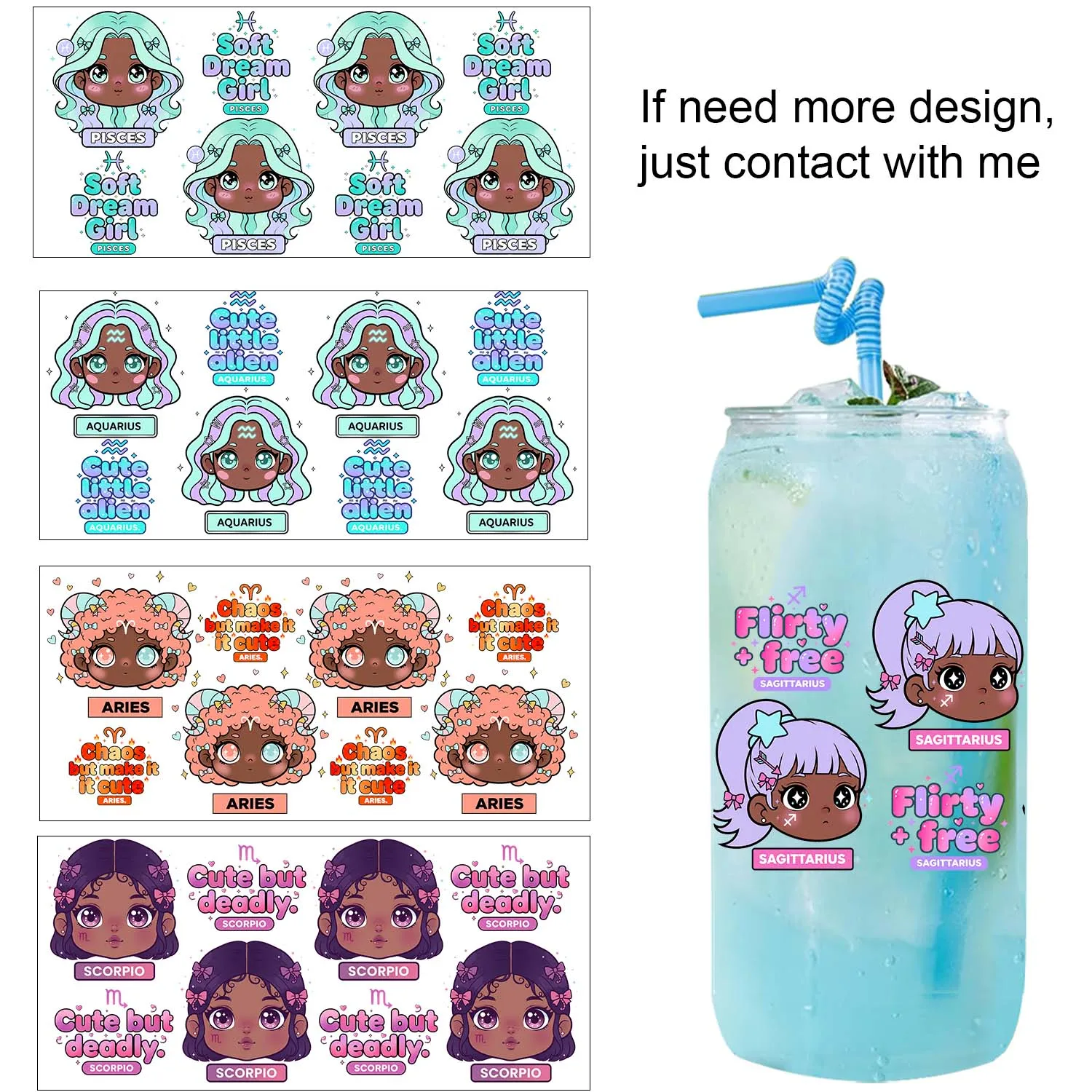 Black Girl Zodiac Sign Style UV Sticker DIY Decals 3D transfers uvdtf tumbler seal stickers 16oz uv dtf cup wraps
