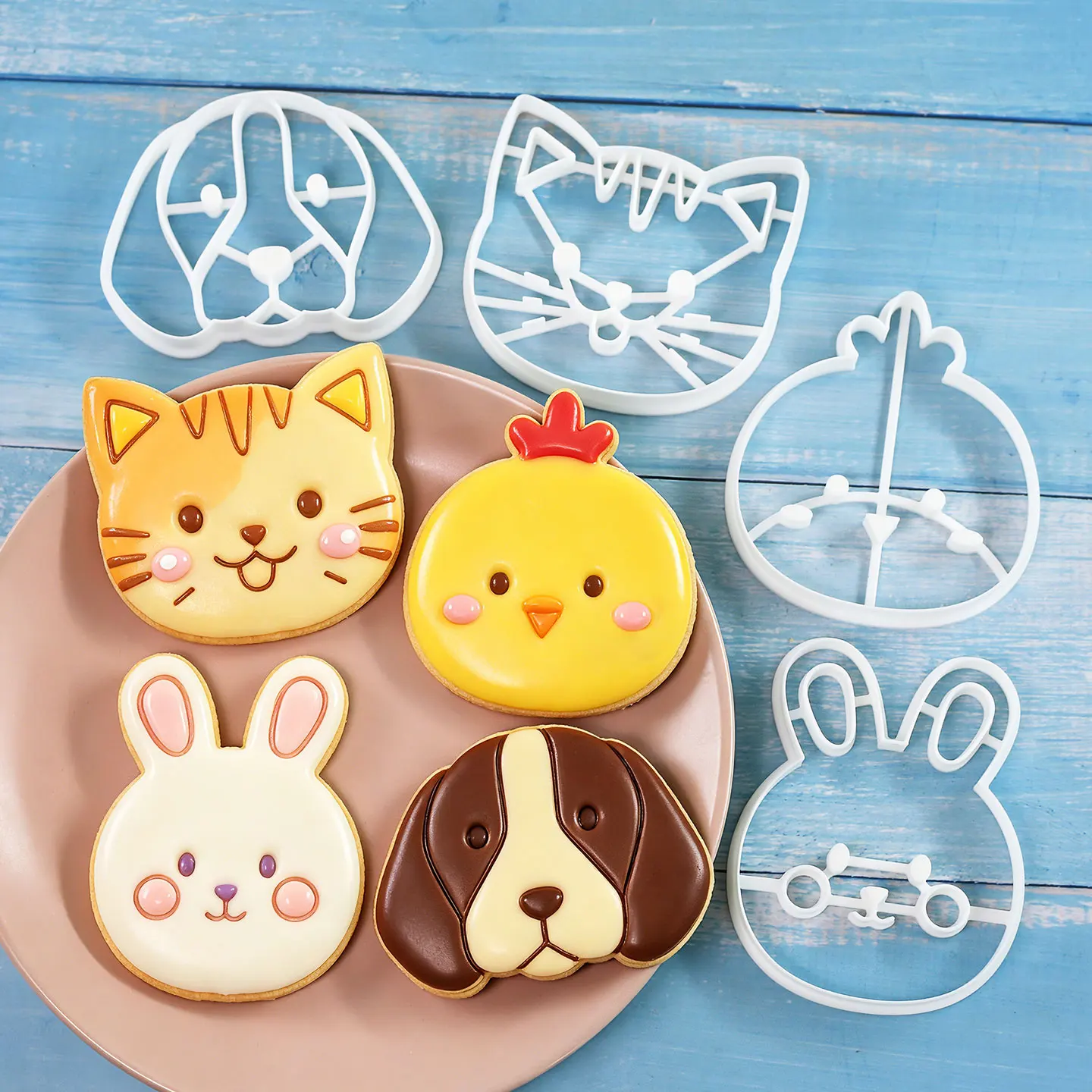 4 Pcs Animal Cookie Cutters Set 3D Cute Dog Puppy Rabbit Bunny Cartoon Cat Kitty Chick Baking Molds for Birthday Party Decor