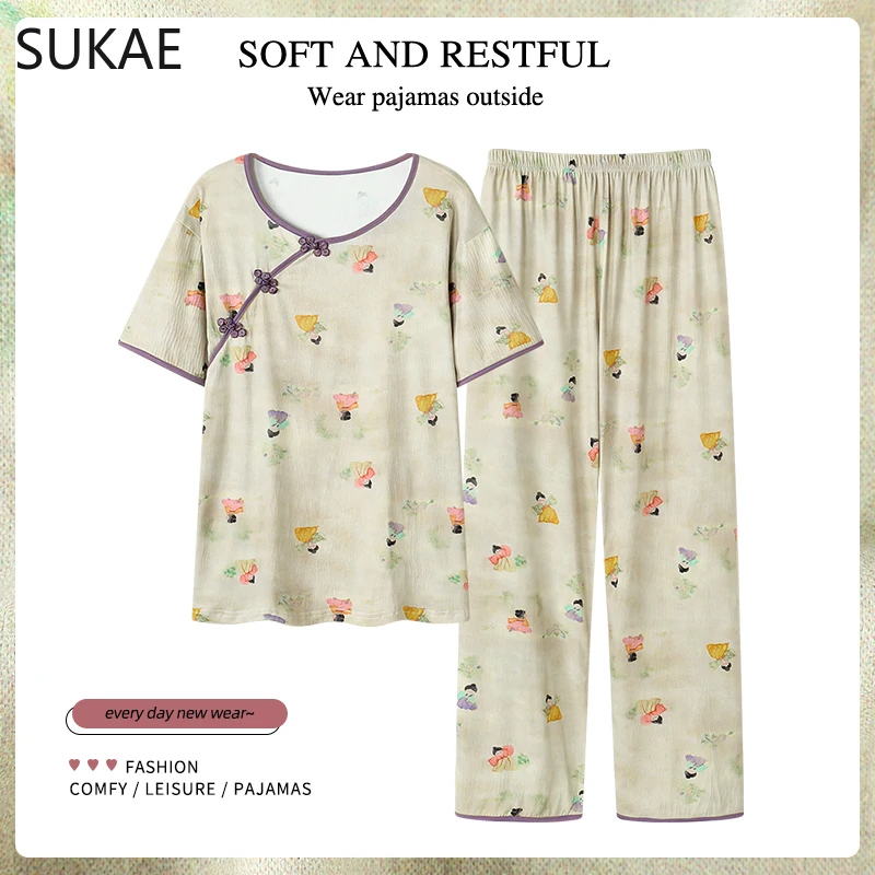 

Новый женский пижамный комплект в китайском стиле SUKAE, летняя пижама из крепа и хлопка, Повседневная Пижама для отдыха, Пижама