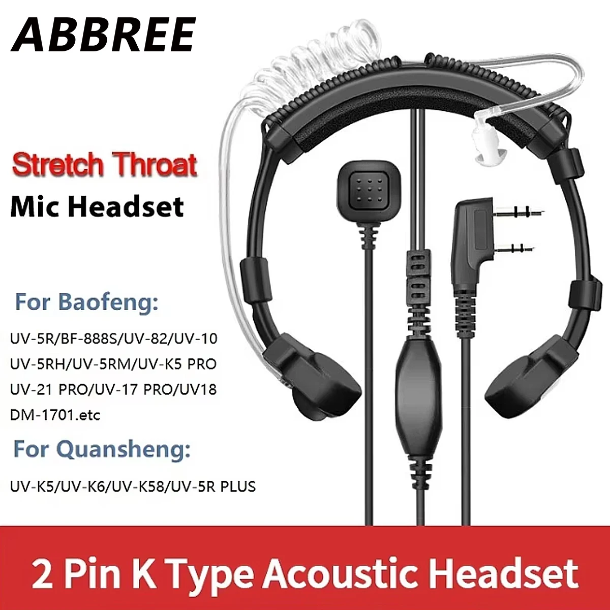 ABBREE Ausziehbares, verstellbares Akustik-Kehlkopfmikrofon-PTT-Headset für Baofeng UV-5R BF-888S UV-21 PRO Quansheng UV K5 K6