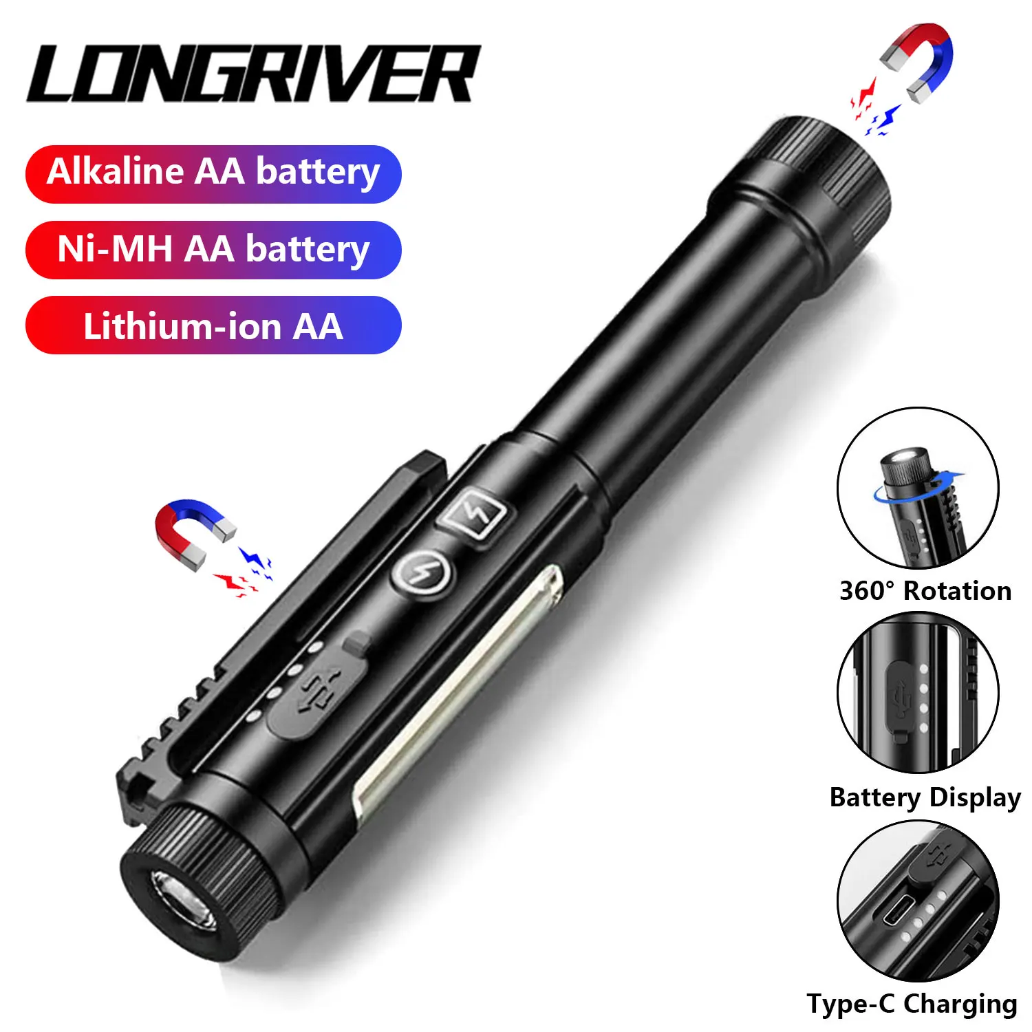 

LONGRIVER M45 AA Flashlight Portable Pen Light Pocket Dual Light Sources 8 Modes Torch with Magnet for Camping Outdoor Emergency