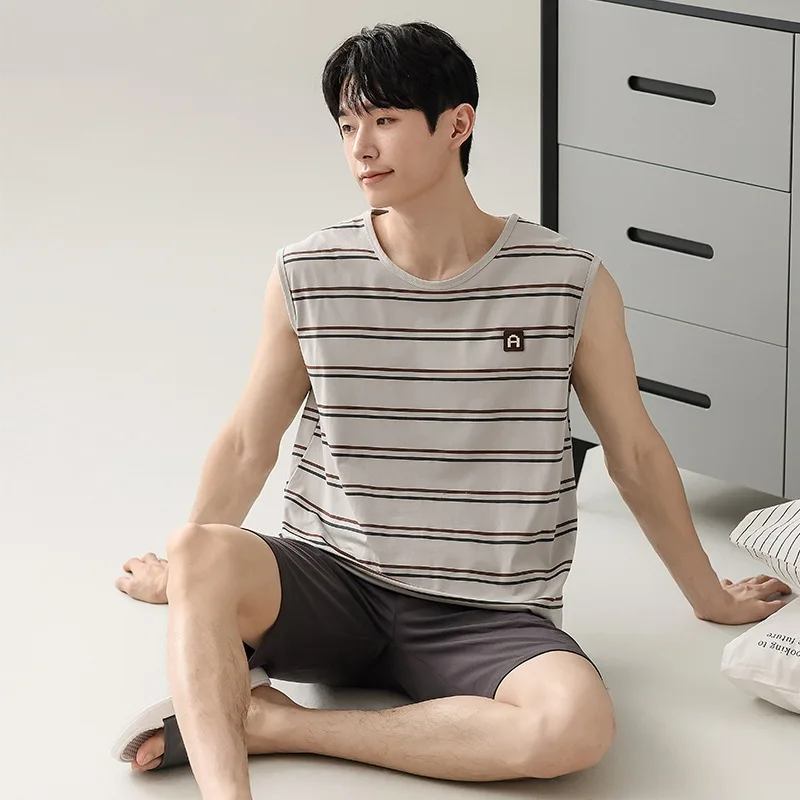 

Large Size Sleeveless Pajamas Set Mens Summer Pure Cotton Vest Shorts Loungewear Korean Sport Style 2 Pieces Set Home Clothes