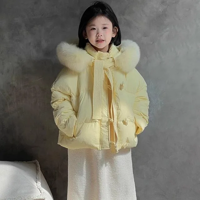 

Girls Short Big Fur Collar Down Cotton Jacket for Warmth Children Autumn Winter Thick Coat Korean Cotton Jacket