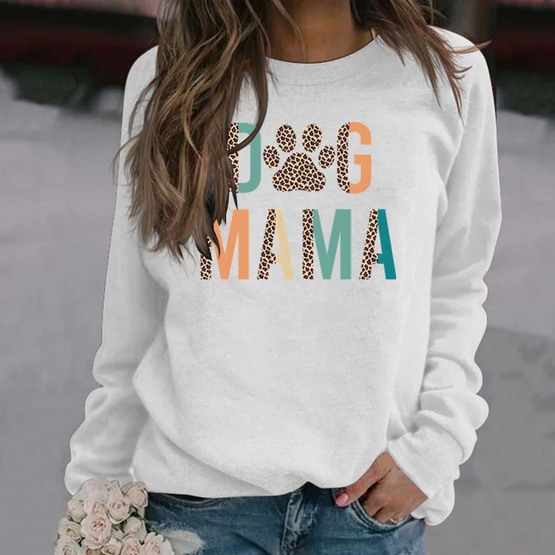 Women Fashion Leopard Dog Mama Dog Paw Print Round Neck Pullovers Casual Sport Outdoor Long Sleeves Ladies Hoodeless Sweatshirts