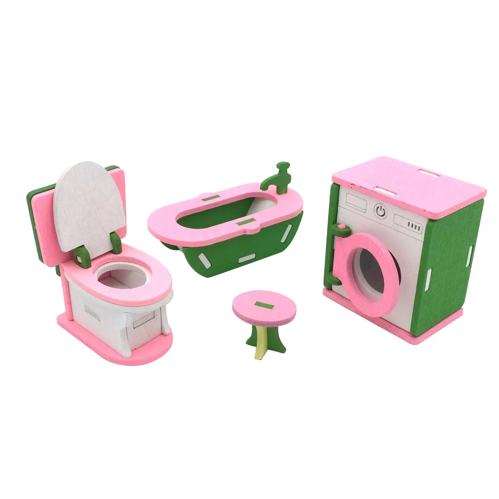 4Sets Mini House Furniture Wood Bath Set for Children Room Decoration - Adorable Style with Dressing Table Chair and Closet