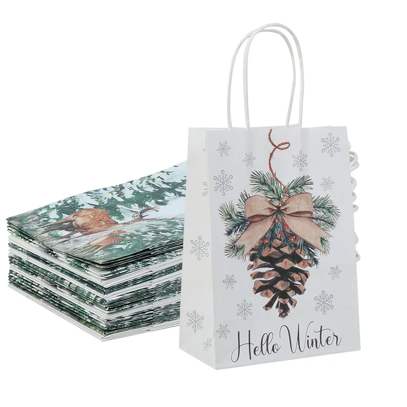 6/12/18 stücke Weihnachten Geschenk Taschen Elch Wald Weihnachten Baum Kraft Papier Süßigkeiten Geschenk Verpackung Tasche mit griff Neue Jahr Party Decor Versorgung – Detail 7