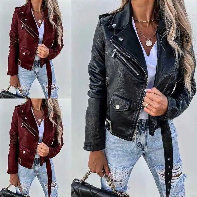 

Motorcycle Jacket Women Fur Coat Leather Thickened PU Leather Zipper Closure Slim Fit Long Sleeve Coat for Autumn Season