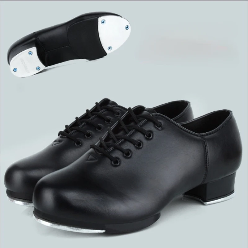 Genuine Leather Adult Tap Dance Shoes Men Women Kicked Shoes Sports Leather Soft Bottom High-impact Aluminum Plate Black Shoe