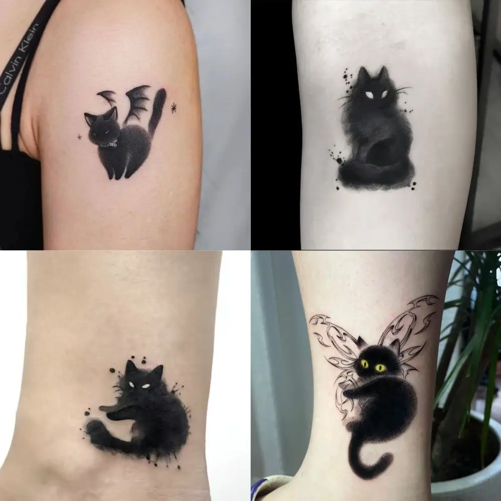 Black Cat Tattoo Stickers para homens e mulheres, desenhos animados falsos, impermeável, duradouro, bonito, arte do braço, tatuagens temporárias