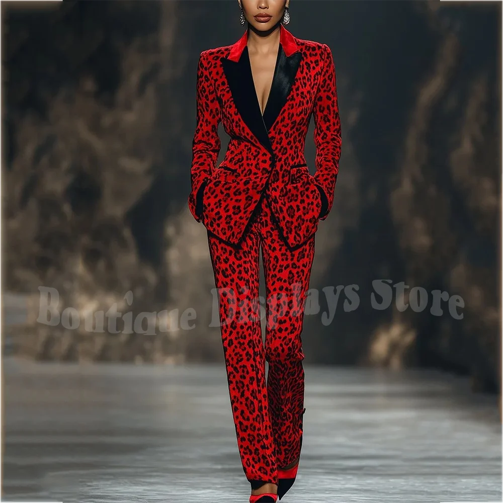 

Luxury Velvet Leopard Print Women's Suit Classic Peak Lapel Slim Fitted Fashion Show Party Elegant Lady Blazer Set Two Pieces