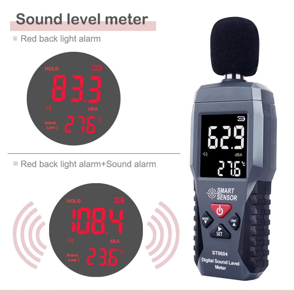 Cyfrowy miernik poziomu dźwięku przenośny miernik hałasu pomiar 30-130dB detektor decybeli Tester audio Metro narzędzie diagnostyczne ST9604