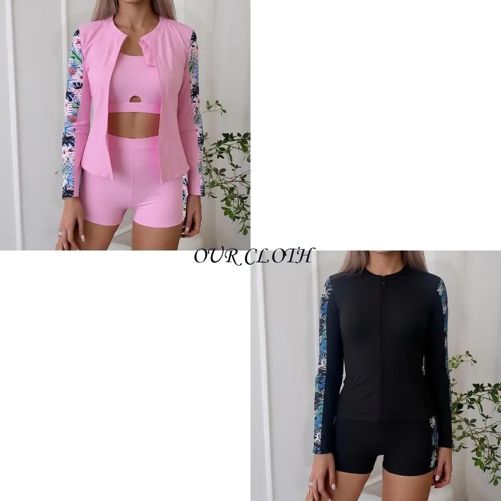 3Pieces Women Long Sleeve Swimsuit with Swim Shirt and Boyshorts Front Zippered Rashguard Swimwears Surfing Bathing Suit Y1AC