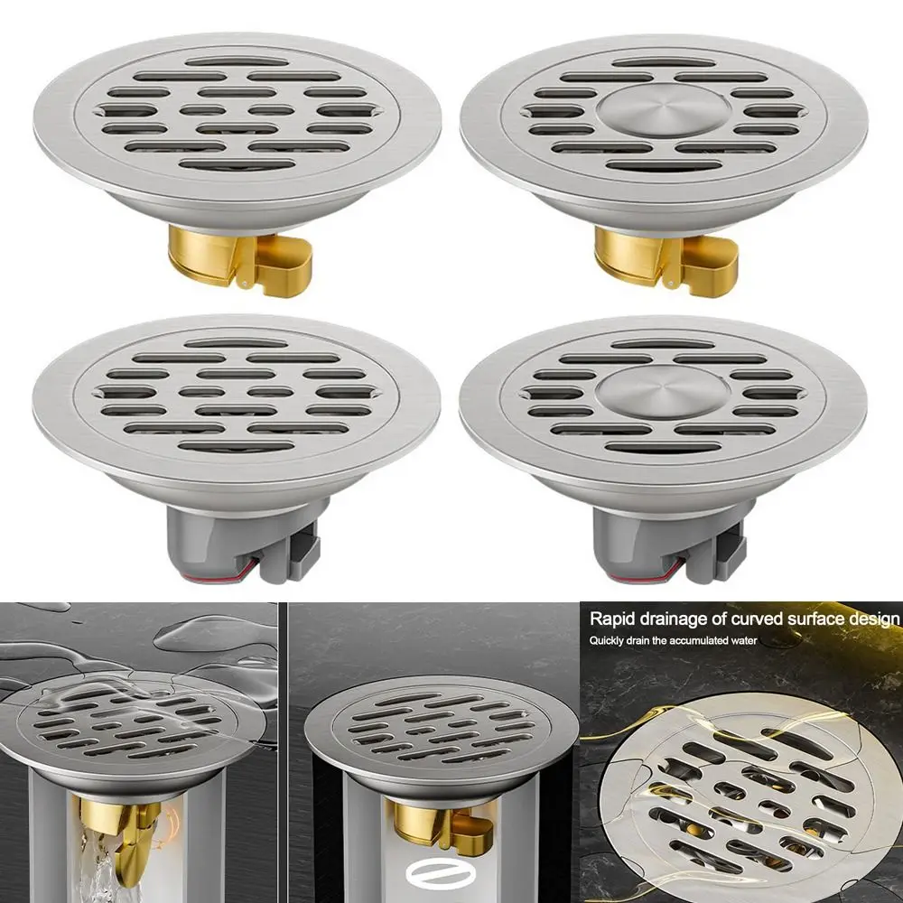 

With Grid Grate Cover Shower Floor Drain Backflow Preventer Round Dual-purpose Floor Drain 304 Stainless Steel Anti-odor