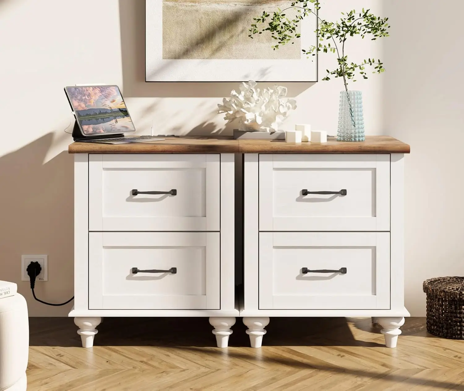 Nightstands with Charging Station, Set of 2 End Table with 2 Power Outlets & 2 USB Ports for Living Room White Oak