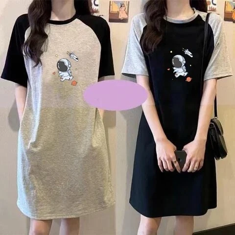 Summer Loose Japanese-style Cartoon Alien Cute Print Women's and Pregnant Women's Fashionable and Casual Round-neck Dress