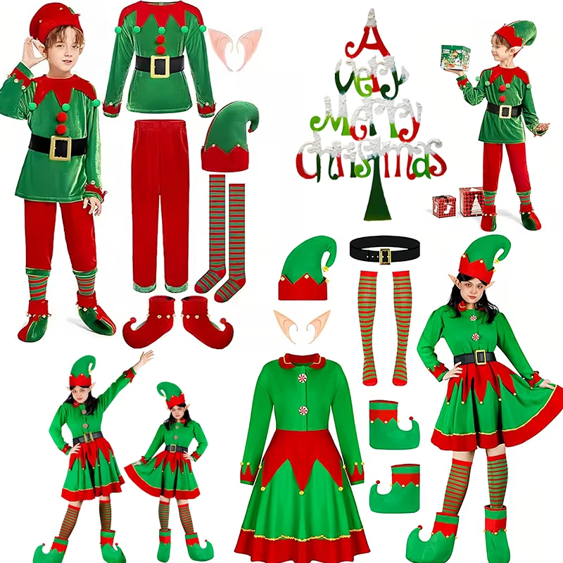 Kids Christmas Elf Costume Set Boys Velvet Elf Dress Up Santa Helper Costume 2025 New Year Tops Pants Hat Belt Xmas Party Dress