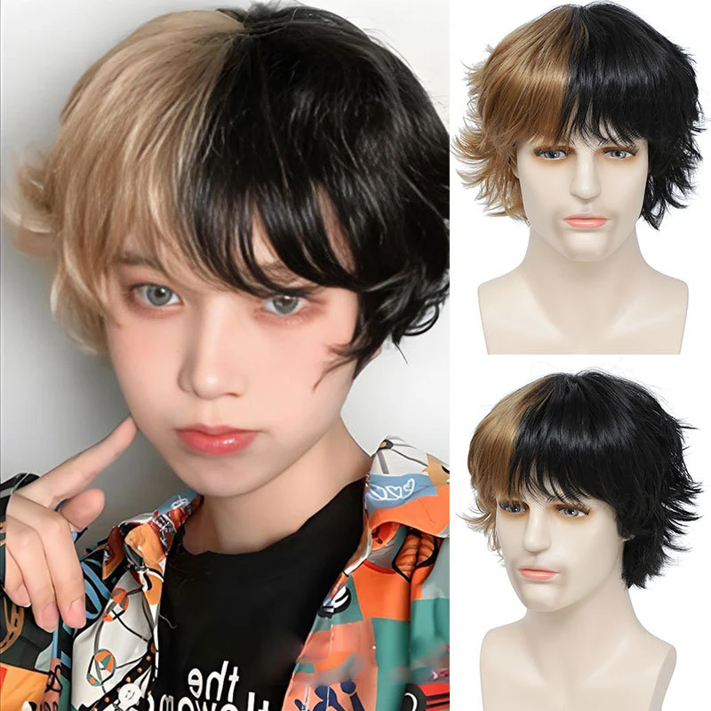 New European and American style men's brown-black fluffy short curly hair two-tone wig set
