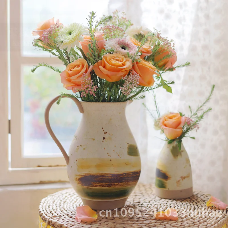 

Vintage Ceramic Vase Hydroponic Glazed Art Oil Painting Brush Single Ear Flower Pot for Living Room Decor Distressed Creative