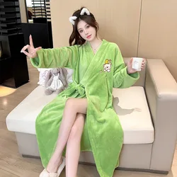 Green Bathrobe Gown Women Chinese Style Kimono Robe Cute Cartoon Homewear Autumn Winter New Flannel Nightgown Sleepwear