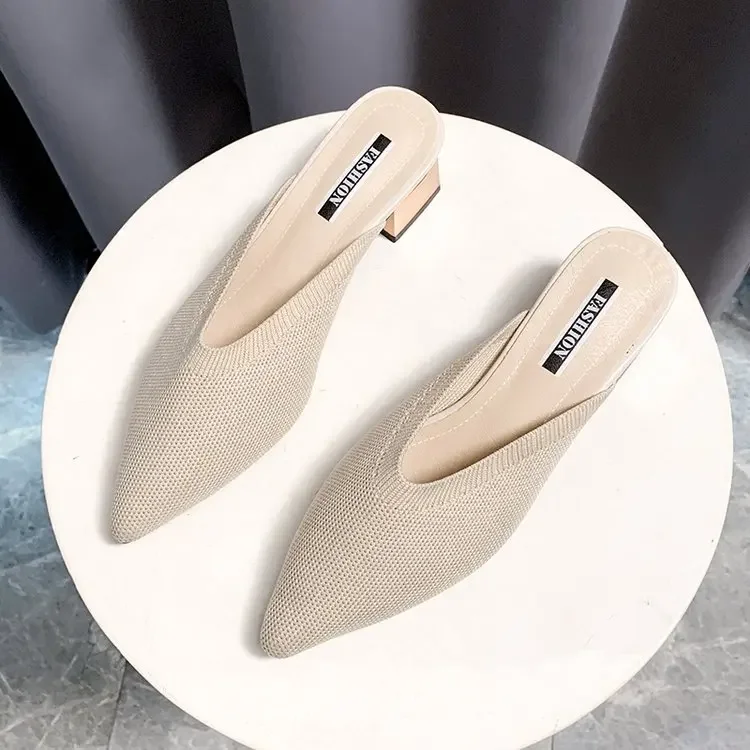 Knitted Elastic Mesh Pointed Toe Slippers Women New Summer Shoes Fashion Shallow Mid Heel Female Shoes Square Heel Mules