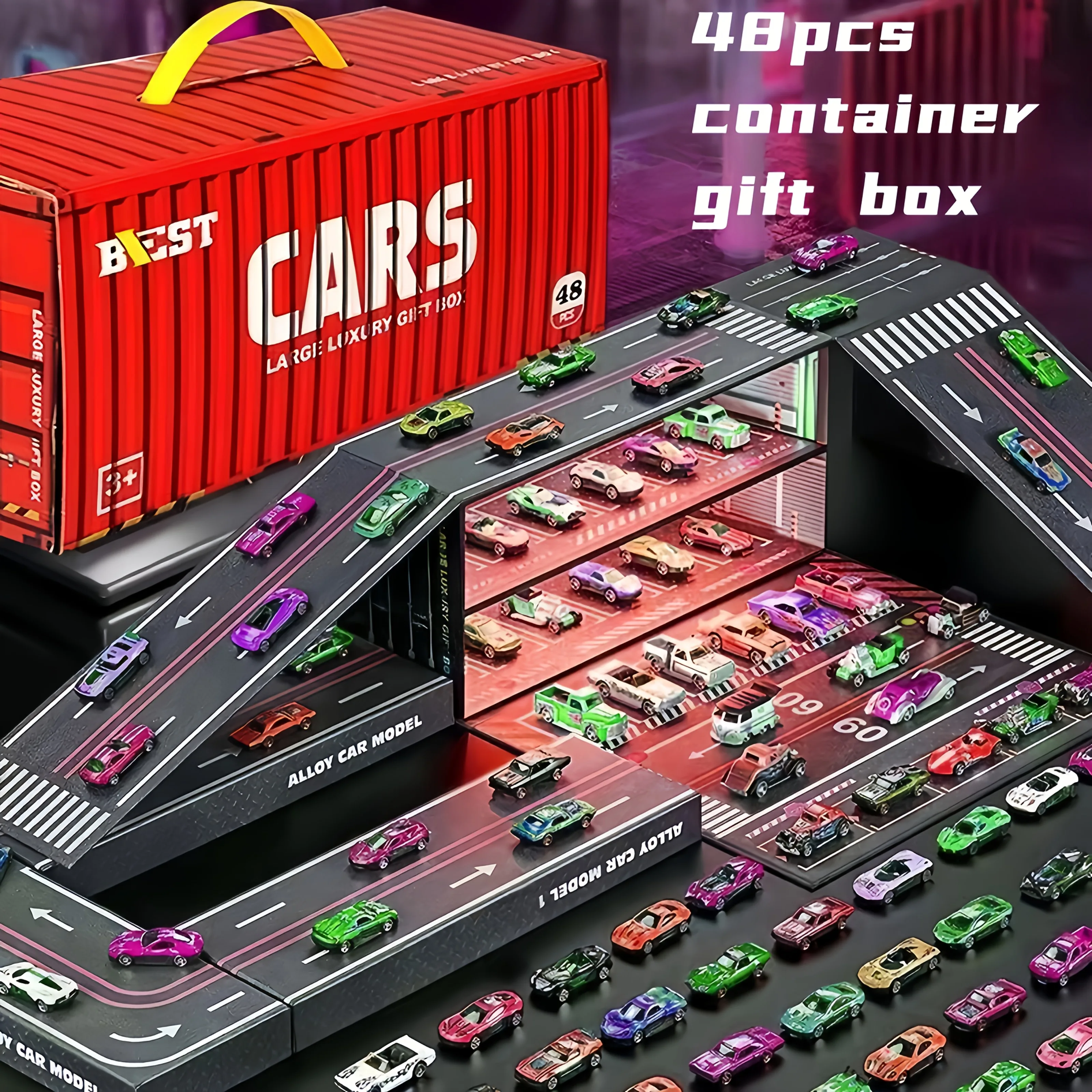 Large Size 48 Pcs Cars Toy Set With 4-Layer Storage Box Random Color & Style Vehicle Playset Gift For Boys Over 3 Years Old