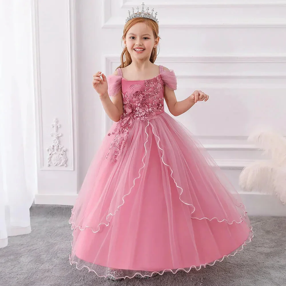 Square Neck Crystals Short Sleeve A Line Flower Girl Dress Bow Floor Length Elegant Luxury Long Ball Communion Gown For Girl
