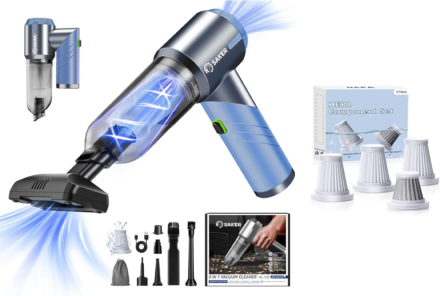 

Автомобильный пылесос портативный беспроводной 17000PA HL132 синий с 3 HEPA-фильтрами и 1 стальным фильтром