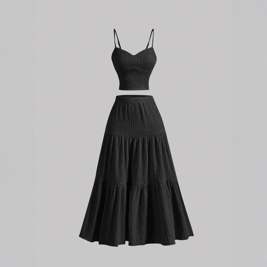 

Summer 2 Piece Set Sleeveless Crop Top Solid Color V Neck Maxi Dress Tiered Skirt Spaghetti Strap Olive Green Casual Dress Black