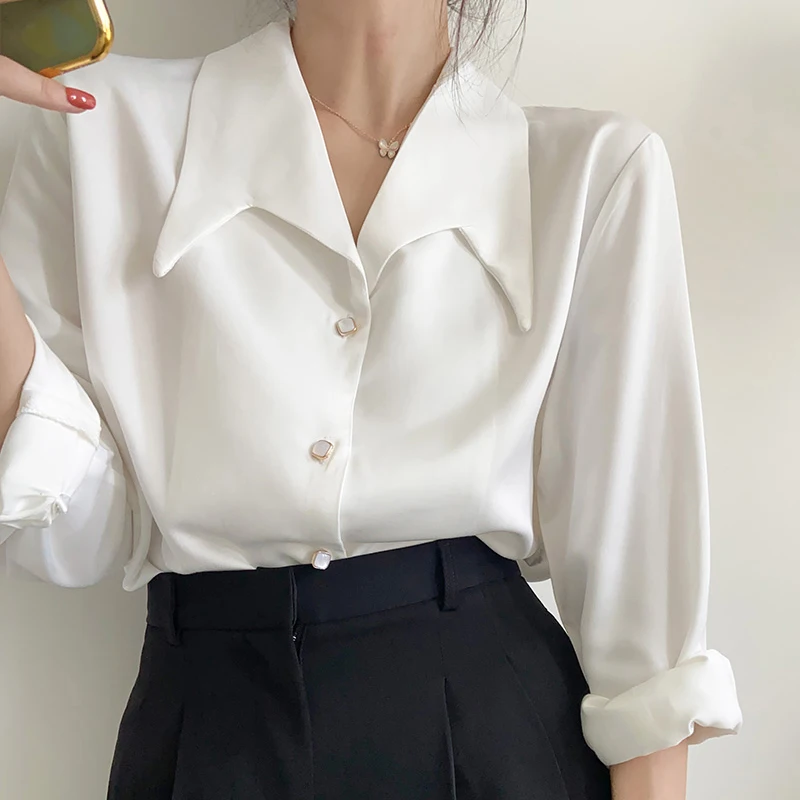 French Style Turn Down Collar Chiffon White Shirt Spring Professional Commuting Formal Tops Elegant Solid Color Blouse Blusas