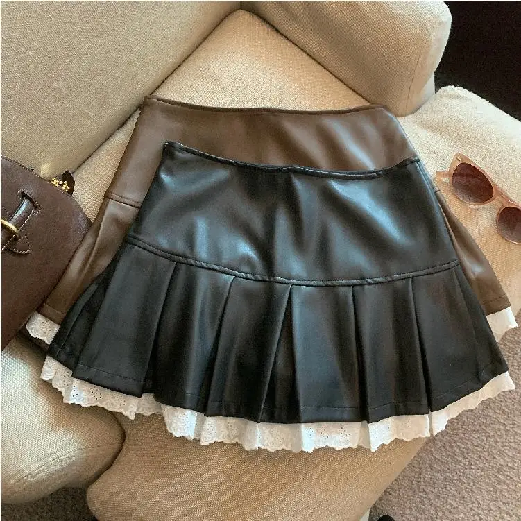 Autumn Winter New Style Women's Lace Splicing PU Half Skirt Standard Fit Other Materials Girls mid Waist Skirt