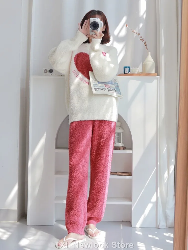 TXii Pajamas Women\'s Autumn and Winter Red Love Pattern Home Clothes Coral Fleece Thickened Coat Set