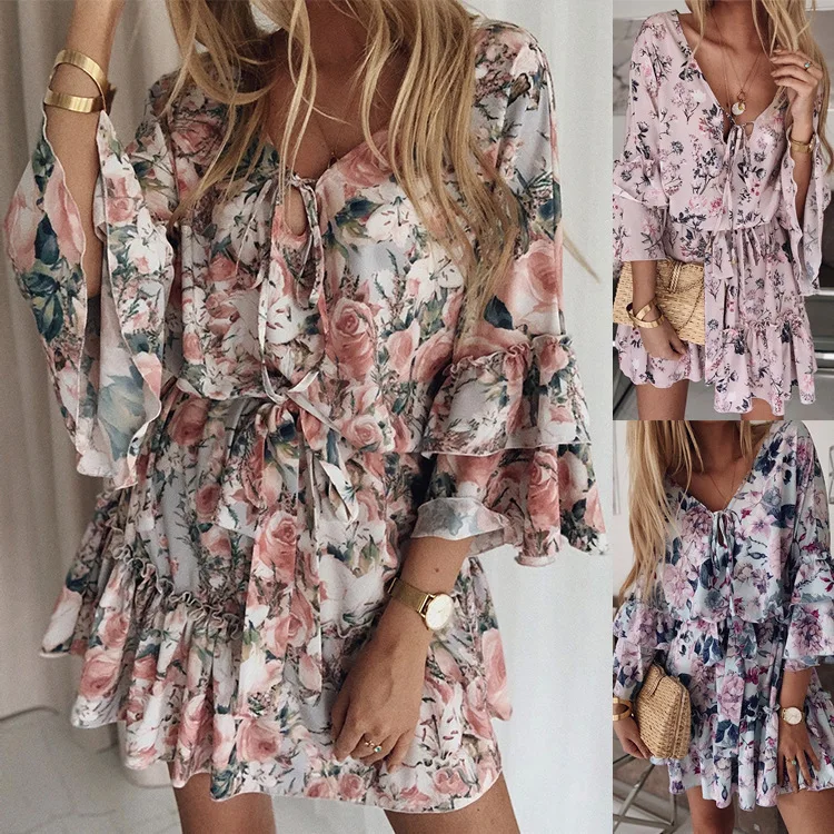 

Elegant Floral Print A Line Dress Summer Bohemian V Neck Ruffles Chiffon Dress Women Casual Beach Party Mini Dress Oversized